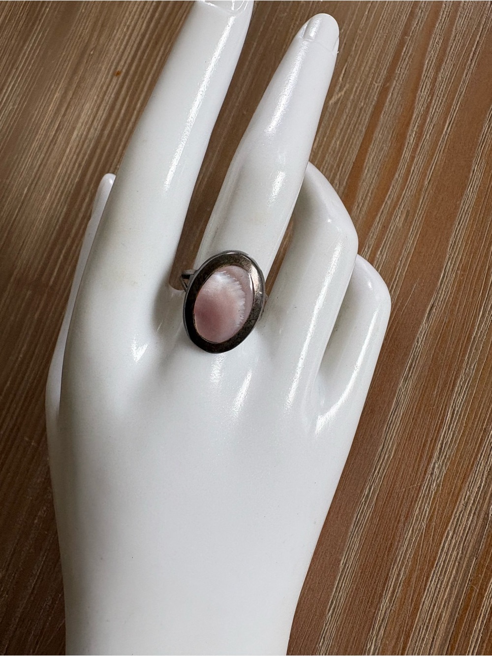Vintage Mexico Pink Oval Sterling Silver Ring - Size 7.5